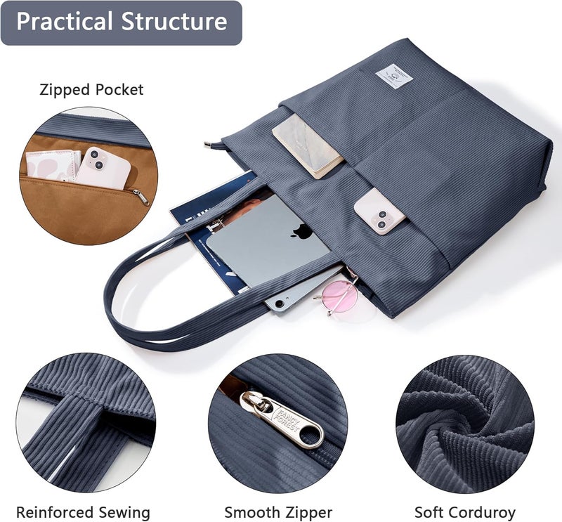 KALIDI FANCY FOREST KALIDI Women Corduroy Tote Bag Zipper Casual Tote's Handbag Big Capacity Shoulder Bag with Pockets - Image 4